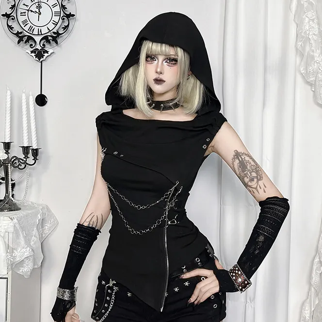 Women Fashion Gothic Metal Chain Side Zip Irregular Hem Sleeveless Hoodies