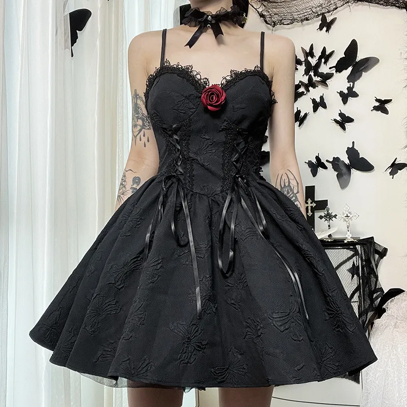 Women Fashion Gothic Dark Lace Spaghetti Strap Slim-Fit Puffy Dress