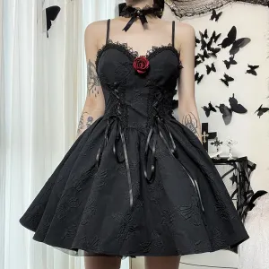 Women Fashion Gothic Dark Lace Spaghetti Strap Slim-Fit Puffy Dress