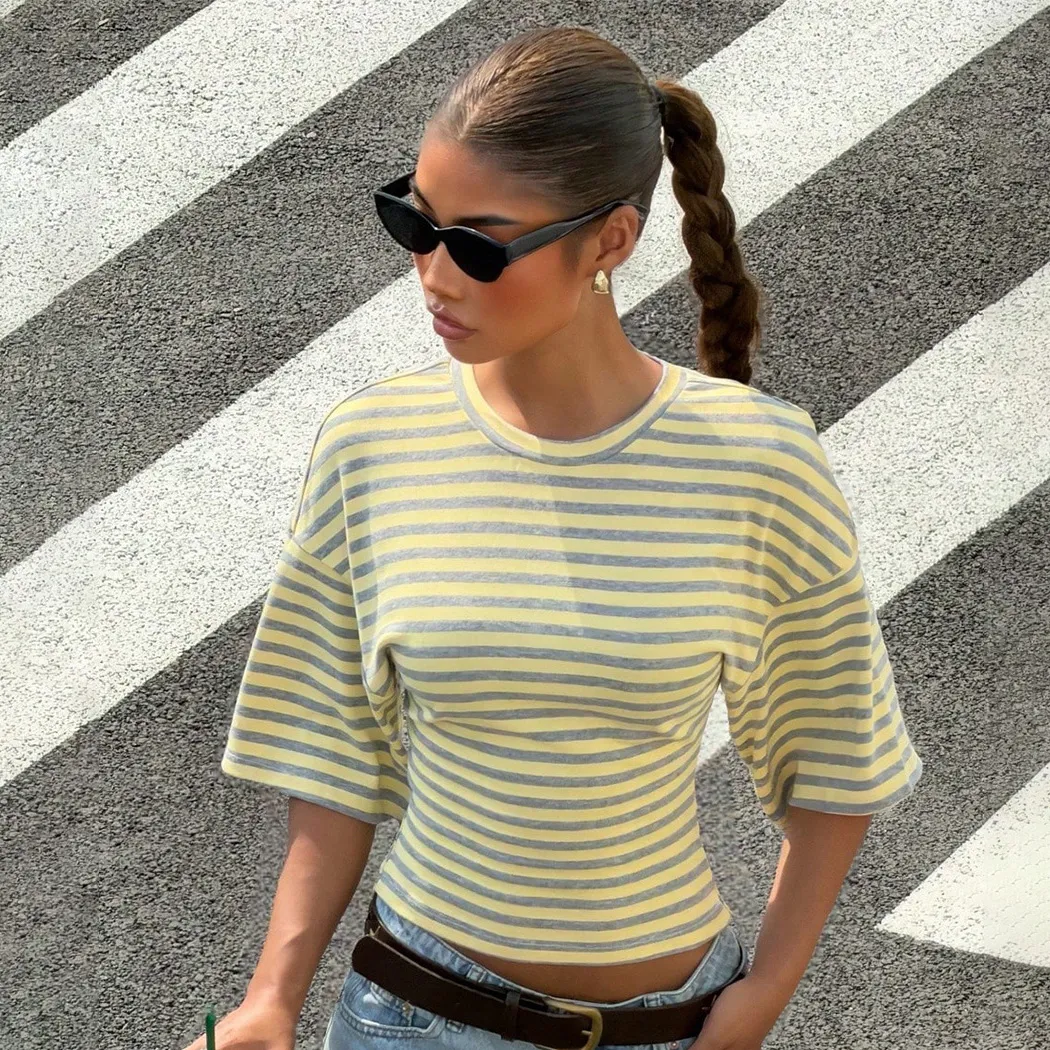 Women Fashion Casual Stripe Short-Sleeve Tight Waist T-Shirt