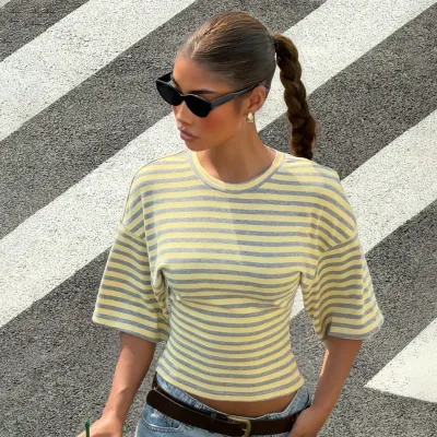 Women Fashion Casual Stripe Short-Sleeve Tight Waist T-Shirt