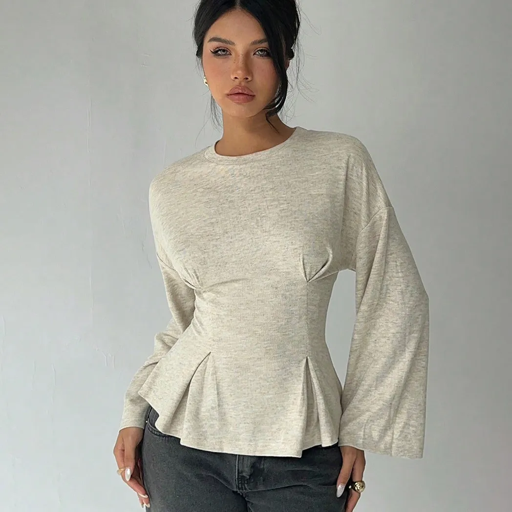 Woemn Fashion Spring And Summer Solid Color Long Sleeve T-Shirt