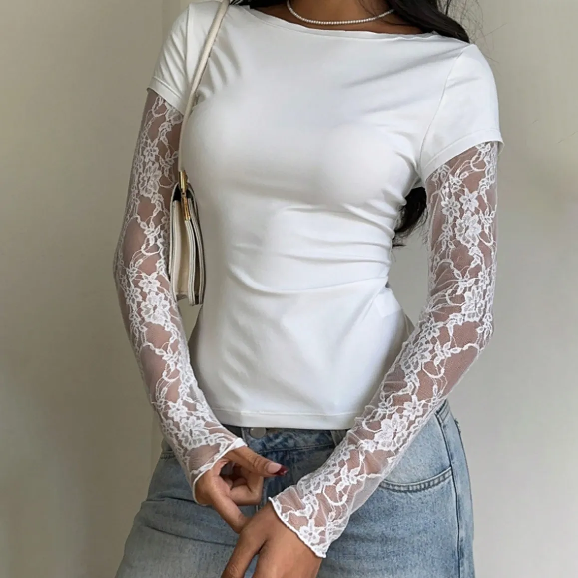 Women Fashion Sexy Summer Solid Color Lace Stitching Long Sleeve T-Shirt