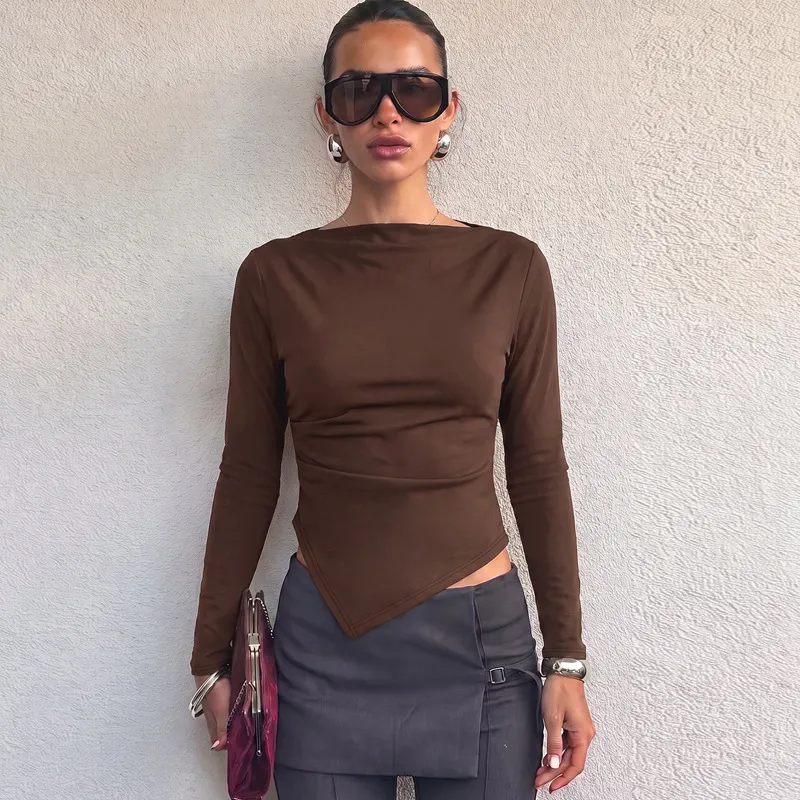 Women Fashion Solid Color Asymmetric Pleated Long Sleeve T-Shirt