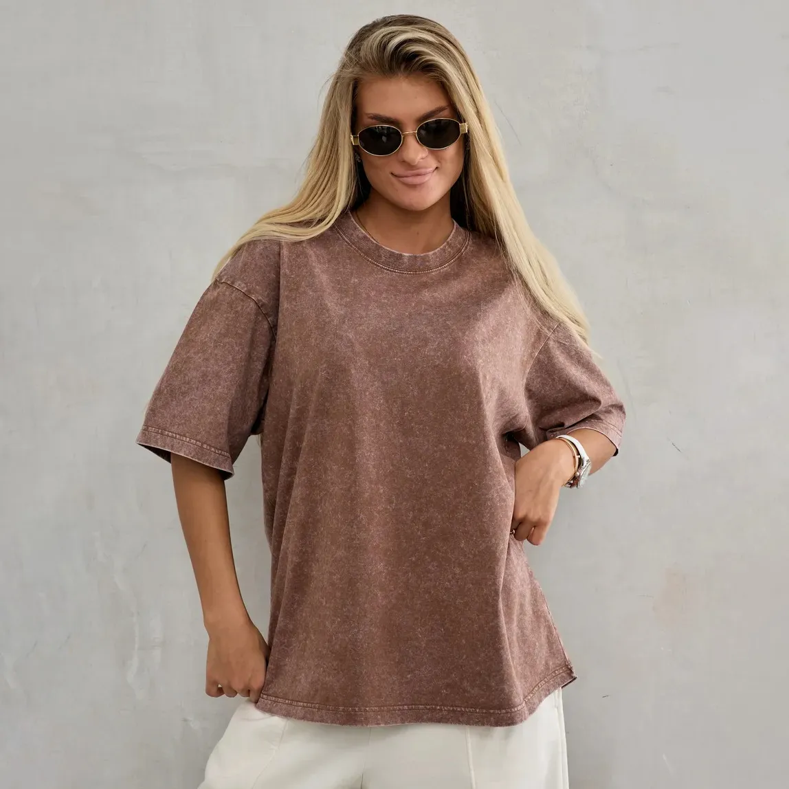 Women Fashion Casual Retro Old Washed Cotton Short-Sleeve T-Shirt