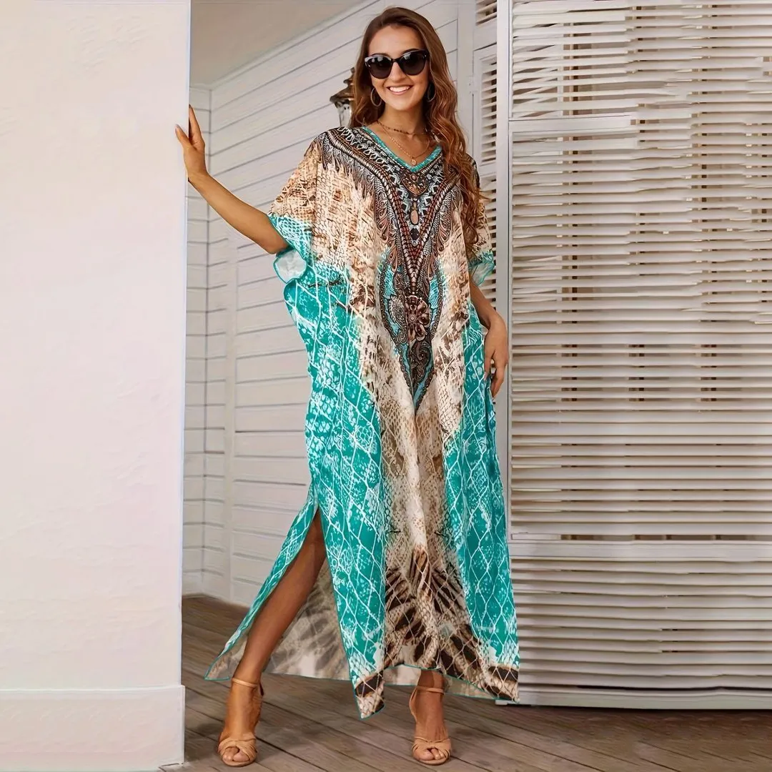 Women Fashion Casual Summer Printed Short-Sleeve Loose Beach Swimsuit Cover-Ups