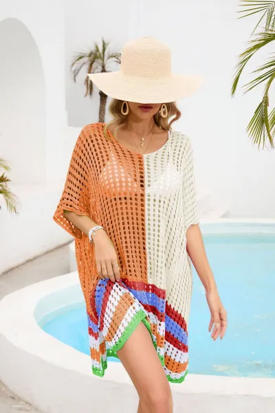 Women Fashion Casual Summer Stitching Hollow-Out Short-Sleeve Loose Beach Swimsuit Cover-Ups