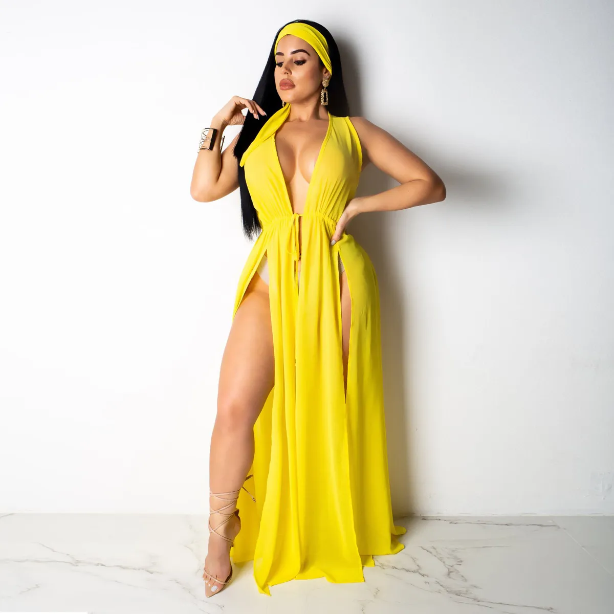 Women Fashion Sexy Solid Color Chiffon Sleeveless Cardigan Beach Swimsuit Cover-Ups