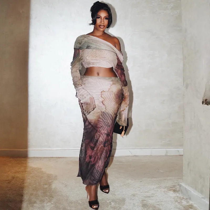 Women Fashion Sexy Print Long Sleeve Drawstring Crop Top Maxi Skirt Two-Piece Set