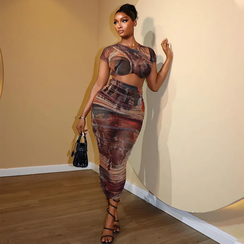 Women Fashion Color-Matching Printed Round-Neck Short-Sleeve Crop Top Midi Skirt Two-Piece Set