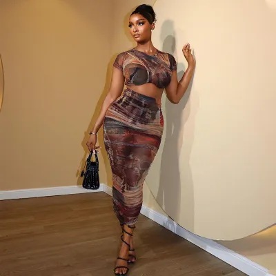 Women Fashion Color-Matching Printed Round-Neck Short-Sleeve Crop Top Midi Skirt Two-Piece Set