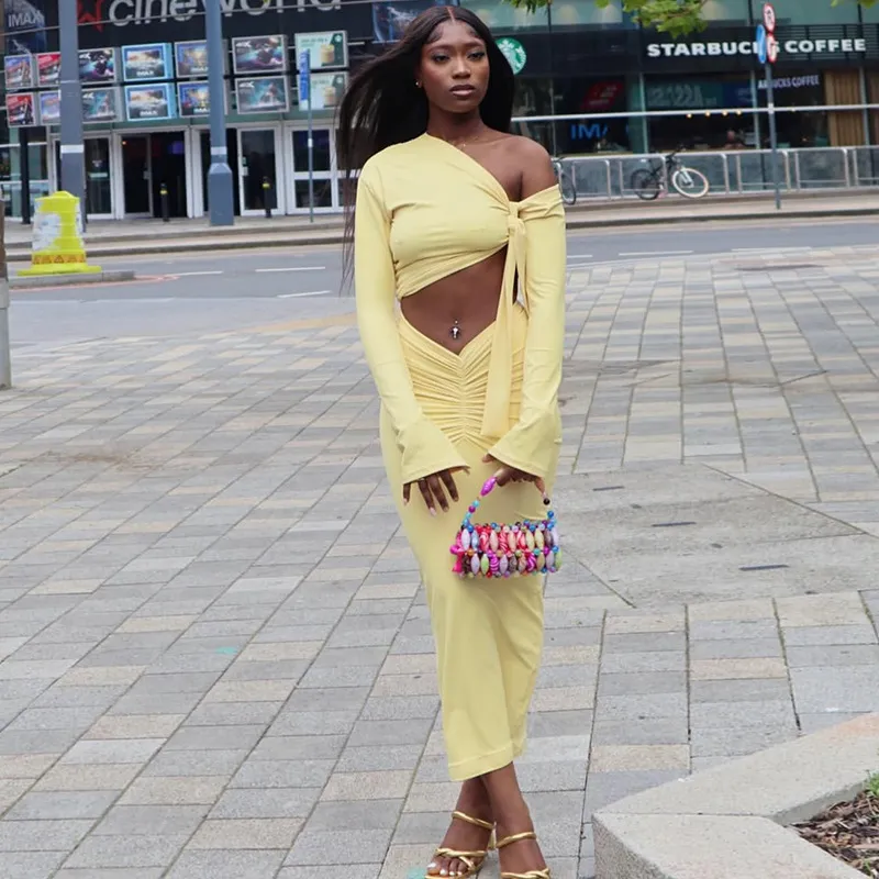 Women Fashion Sexy Solid Color Asymmetrical Long Sleeve Oblique Collar Crop Top Maxi Skirt Two-Piece Set