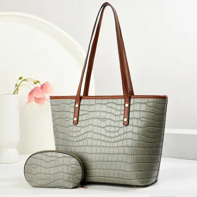 Women Fashion Causal Retro Stone Pattern Large Capacity Tote Bag Two-Piece Bag Set