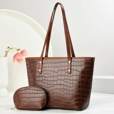 Women Fashion Causal Retro Stone Pattern Large Capacity Tote Bag Two-Piece Bag Set