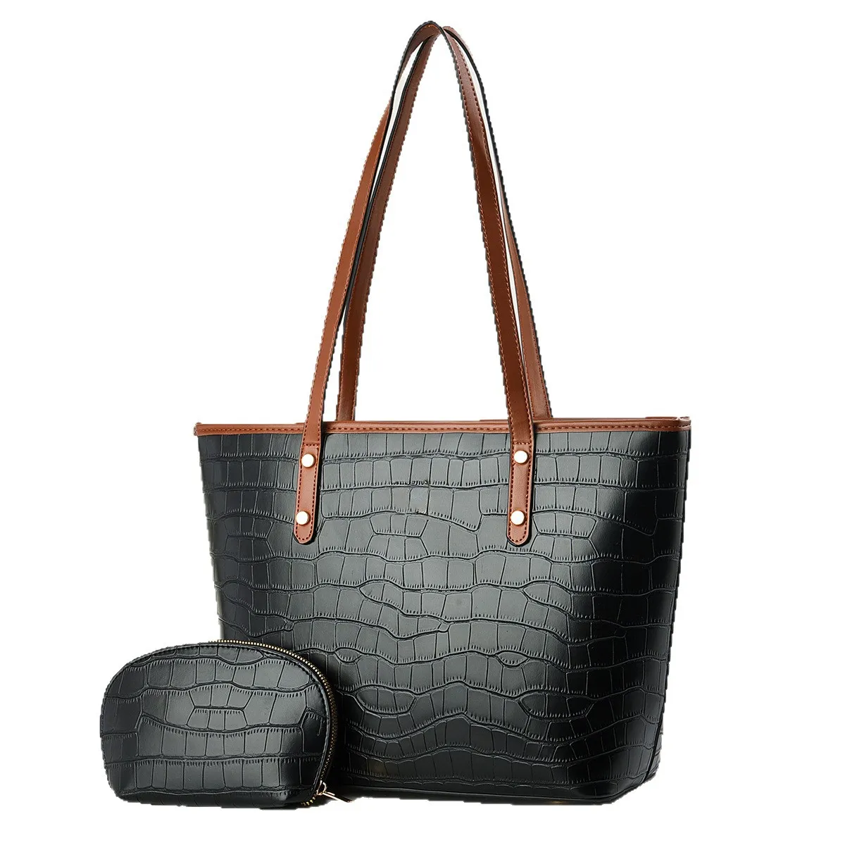 Women Fashion Causal Retro Stone Pattern Large Capacity Tote Bag Two-Piece Bag Set