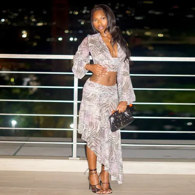 Women Fashion Sexy Summer Printed Long-Sleeve Crop Top Asymmetrical Loose Maxi Skirt Two-Piece Set