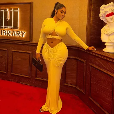 Women Fashion Sexy Solid Color Solid Color V-Neckcrop Top Pleated Maxi Skirt Two-Piece Set