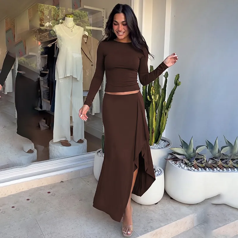 Women Fashion Casual Solid Color Round Neck Long Sleeve T-Shirt Irregular Maxi Skirt Two-Piece Set