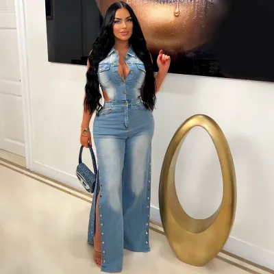 Women Fashion Sleeveless Lar Straight Denim Jumpsuit