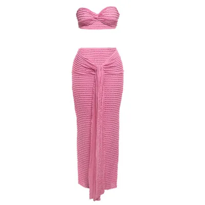 Women Sexy Solid Color Strapless Top And Skirt Two-Piece Set