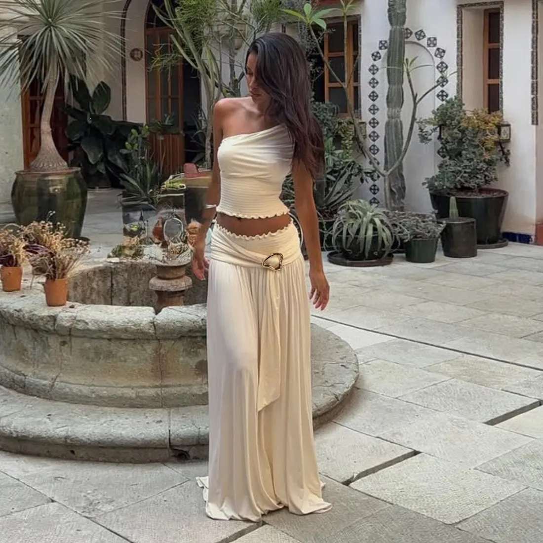 Women Sexy Solid Color Slant Shoulder Tanks And Skirt Two-Piece Set