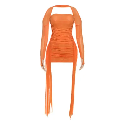 Women Sexy Solid Color Long Sleeve Tube Top Dress