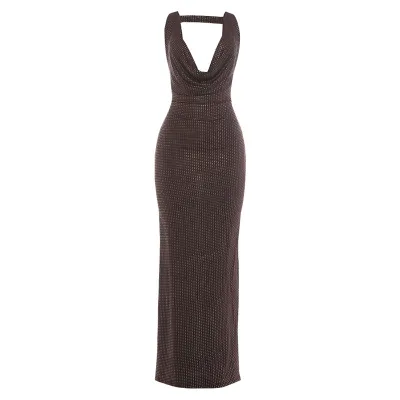 Women Sexy Cowl Neck Sequin Backless Maxi Dress