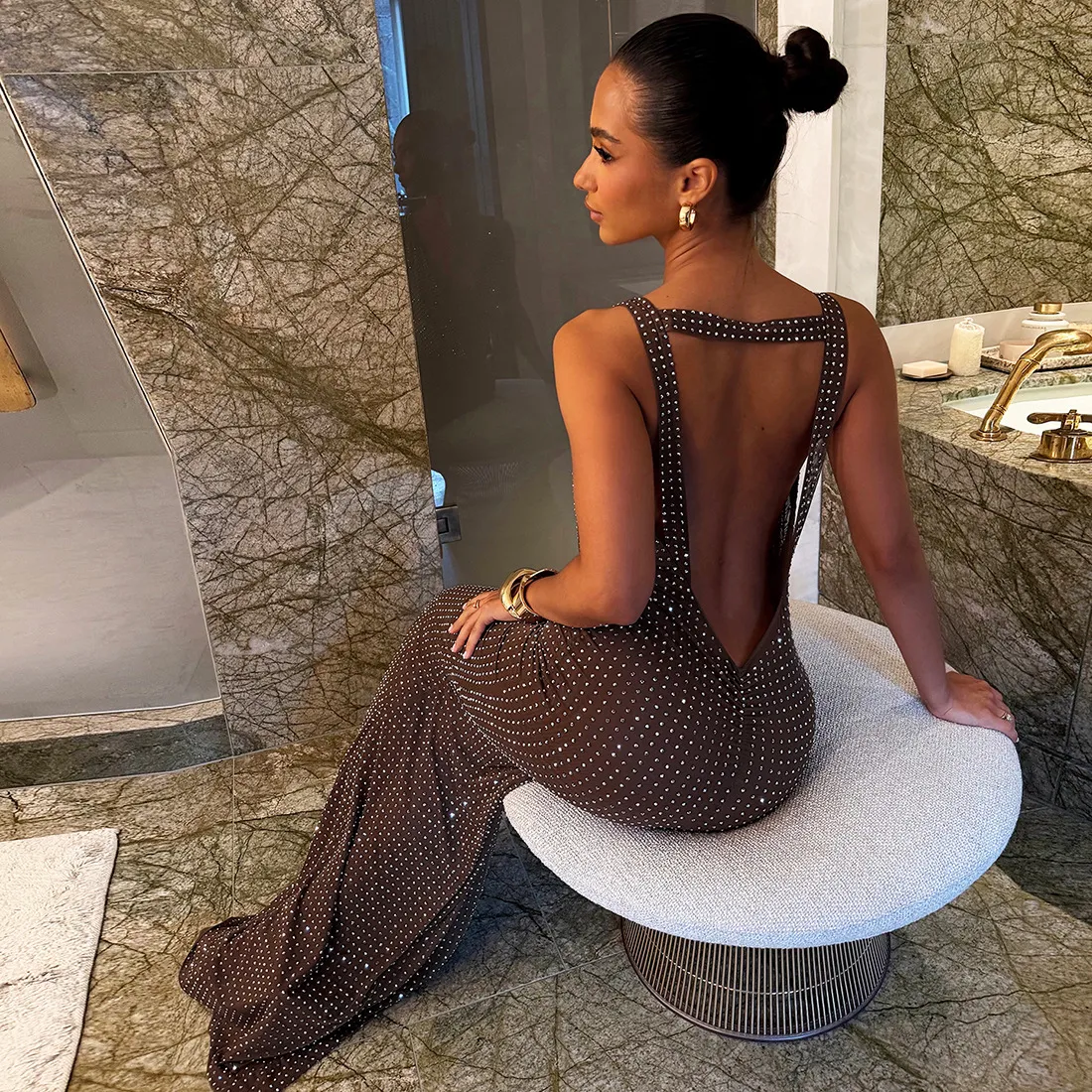 Women Sexy Cowl Neck Sequin Backless Maxi Dress
