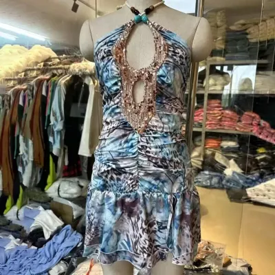 Women Fashion Sexy Summer Sequin Stitching Halter-Neck V-Neck Sleeveless Dress