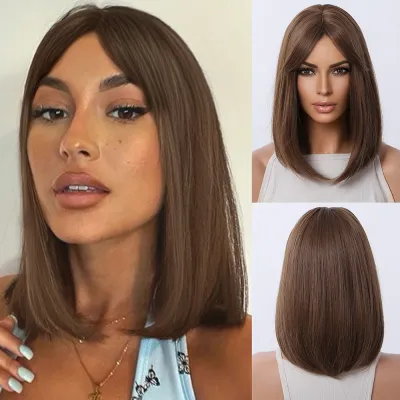 Women'S Fashion Solid Color Bangs Brown Full-Cover Wig