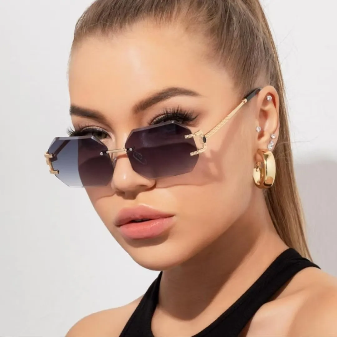 Women Fashion Octagonal Frameless Gradient Lenses Uv Protection Sunglasses