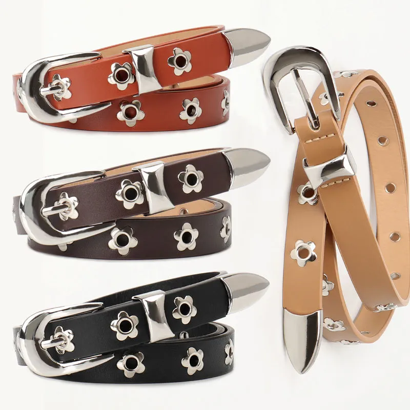 Women Fashion Retro Punk Flower Buckle Belt