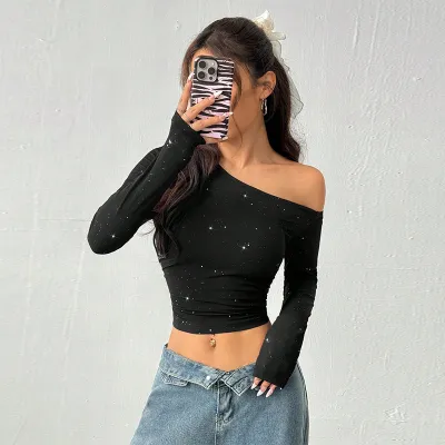 Women Fasihon Sexy Solid Color Rhinestone Slant Shoulder Long-Sleeve Crop Top