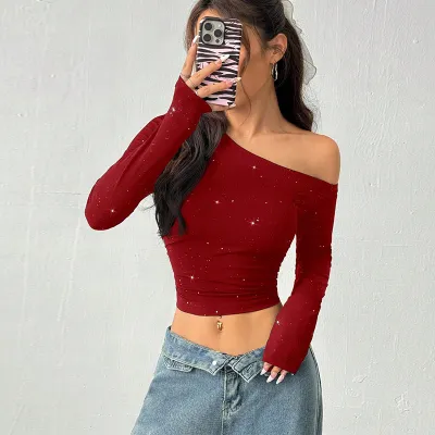 Women Fasihon Sexy Solid Color Rhinestone Slant Shoulder Long-Sleeve Crop Top
