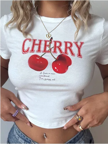 Women Fashion Sexy Spring And Summer Printed Shoulder Short-Sleeve Slim-Fit Crop Top