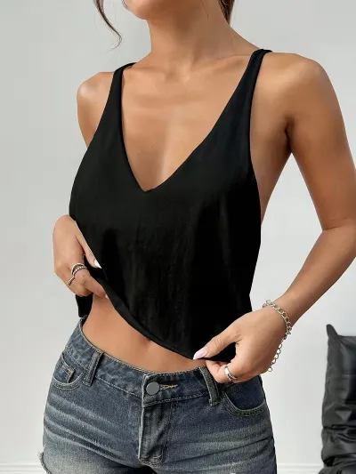Women Fashion Sexy Summer Solid Color Deep V-Neck Sleeveless Crop Top