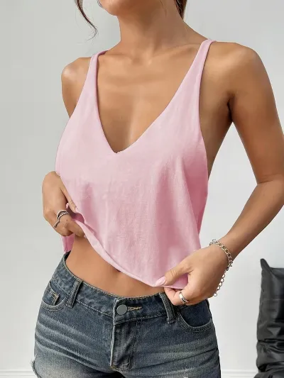 Women Fashion Sexy Summer Solid Color Deep V-Neck Sleeveless Crop Top