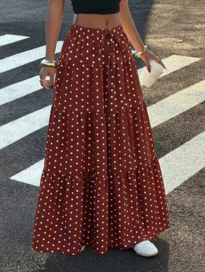 Women'S Fashion Casual Summer Polka Dot Print Ruffled Lace-Up Skirt