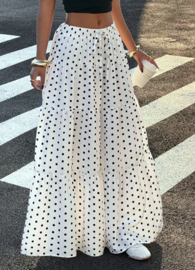 Women'S Fashion Casual Summer Polka Dot Print Ruffled Lace-Up Skirt