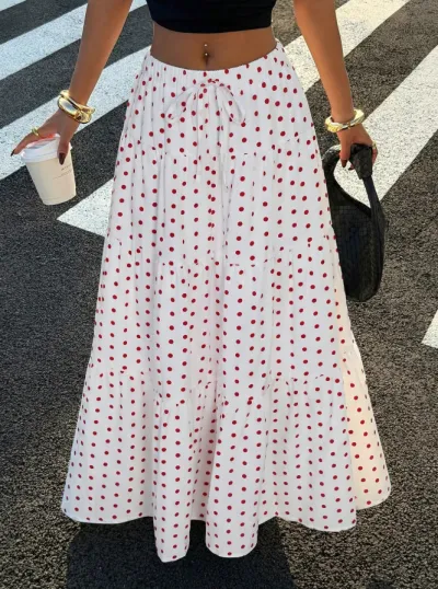 Women'S Fashion Casual Summer Polka Dot Print Ruffled Lace-Up Skirt