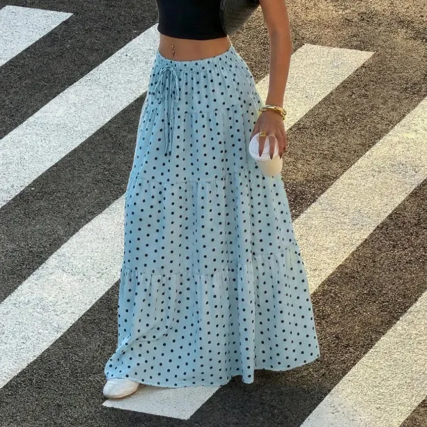 Women'S Fashion Casual Summer Polka Dot Print Ruffled Lace-Up Skirt