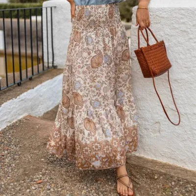Women Fashion Casual Summer Boho Printed Large Swing Loose Skirt