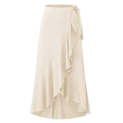 Women Fashion Casual Solid Color Lace-Up Ruffled High Waist Loose Skirt