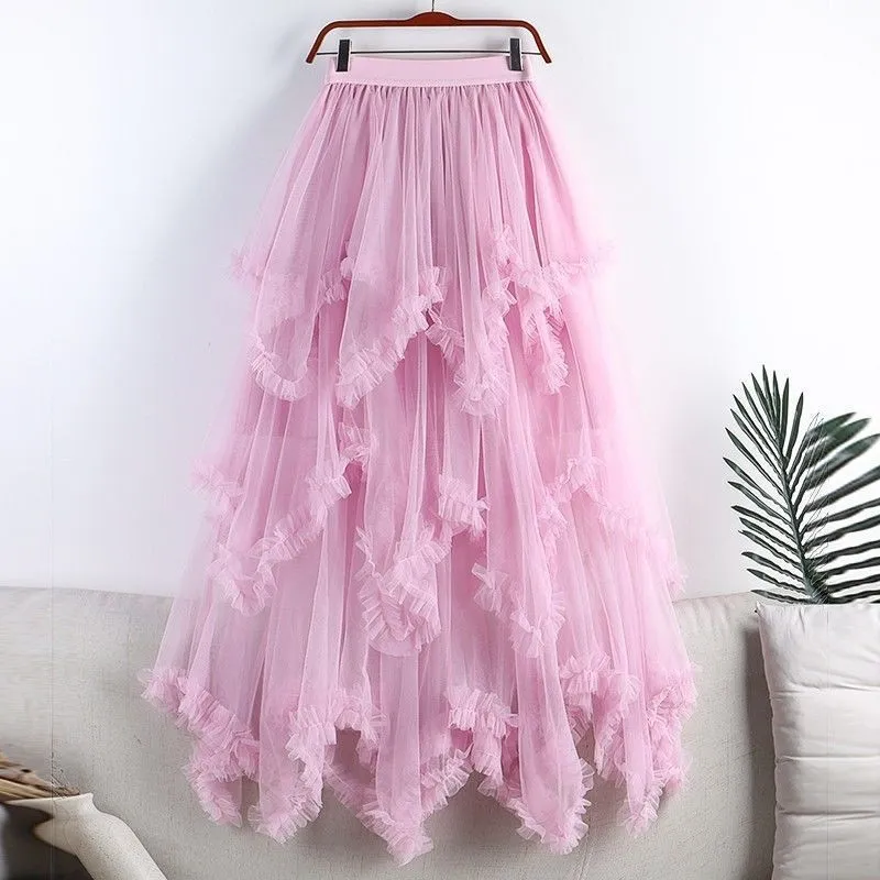Women Fashion Summer Solid Color Ruffle-Trimmed Irregular Mesh Midi-Length Skirt
