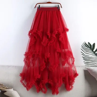 Women Fashion Summer Solid Color Ruffle-Trimmed Irregular Mesh Midi-Length Skirt