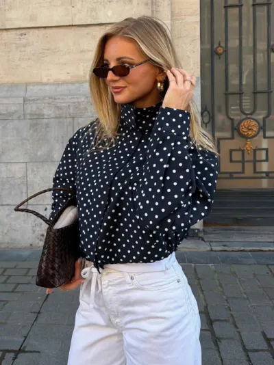 Women Fashion Casual Autumn Polka Dot Print Long Sleeve Loose Pocket Jacket
