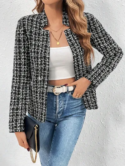 Women Fashion Casual Autumn Plaid Long-Sleeve Slim-Fit Blazer