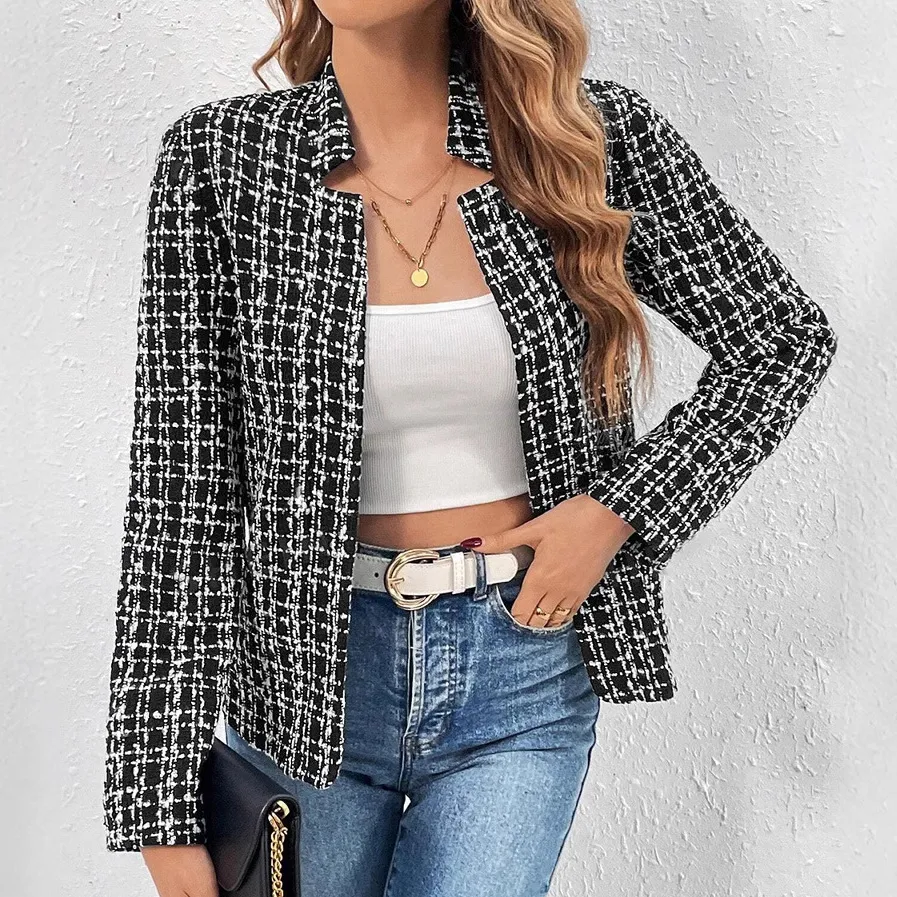Women Fashion Casual Autumn Plaid Long-Sleeve Slim-Fit Blazer
