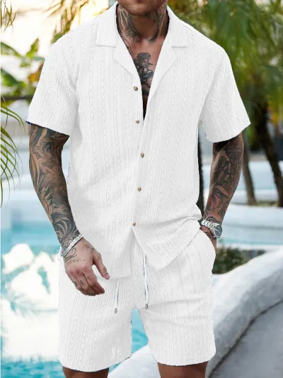 Men'S Fashion Casual Summer Solid Color Lapel Short-Sleeve Cardigan Drawstring Shorts Two-Piece Set