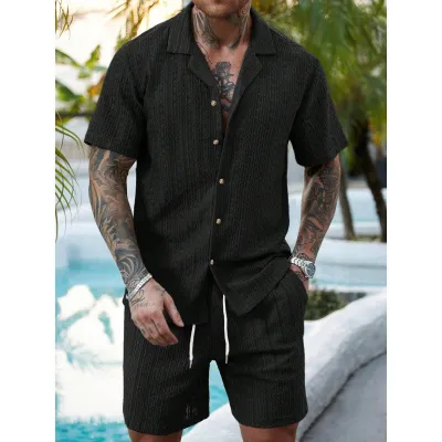 Men'S Fashion Casual Summer Solid Color Lapel Short-Sleeve Cardigan Drawstring Shorts Two-Piece Set